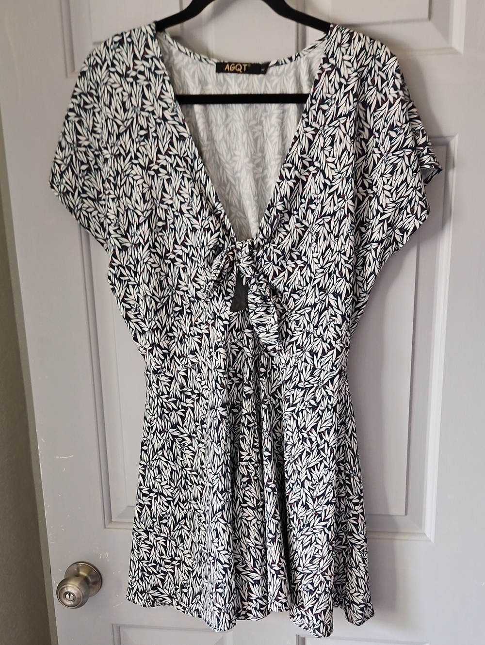 Teal & White Tie-Front V-Neck Dress